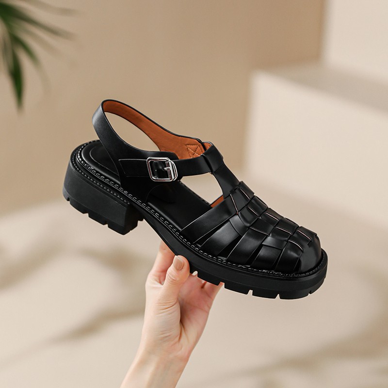 2022 women summer sandals retro roma weave genuine leather thick heels work casual shoes woman pumps gladiator shoes