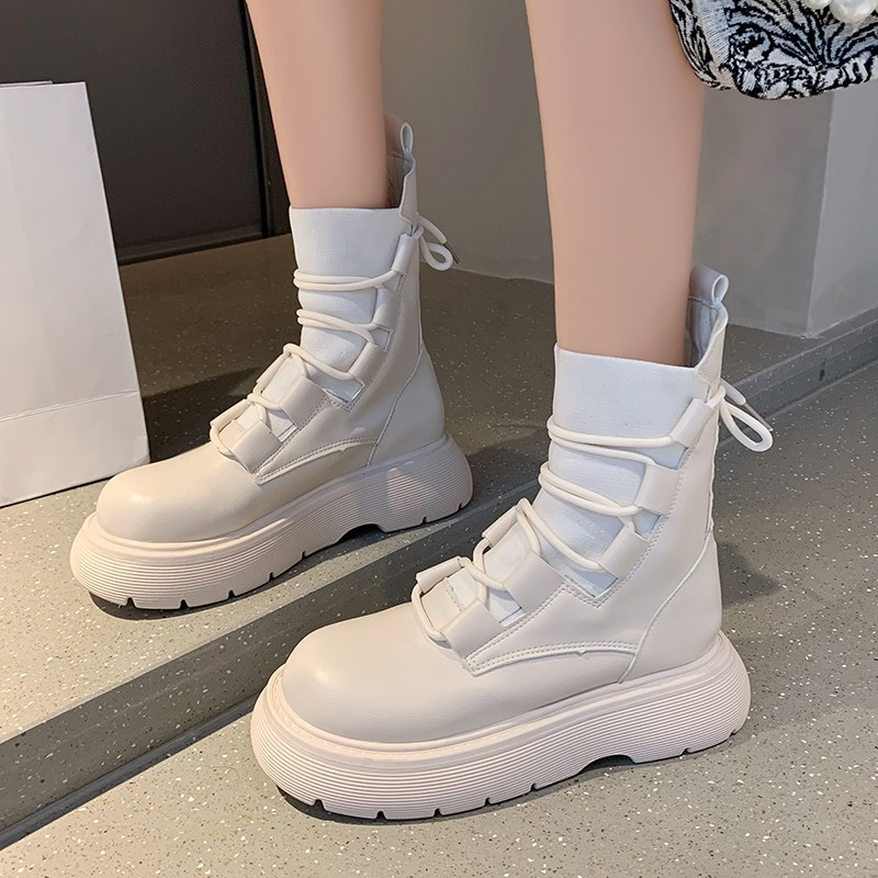 Punk Goth Sock Women Shoes 2021 New Retor Lace Up Black White Ankle Boots For Women Designer Ladies Pu Leather Boots Platform