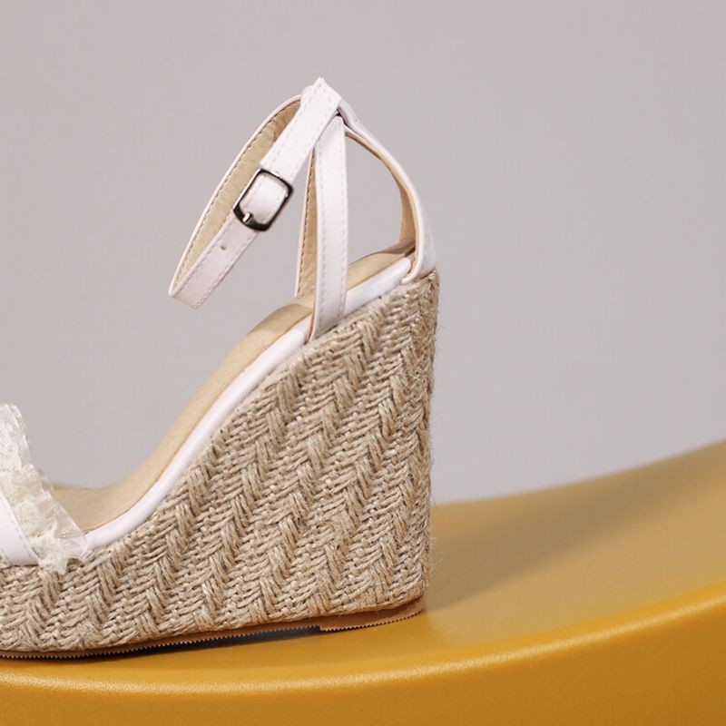 REAVE CAT 2022 Women Sandals Espadrilles Peep Toe Wedges Heel Lace Pleated Buckle Strap Big Size 30-48 Pink White Summer S3615