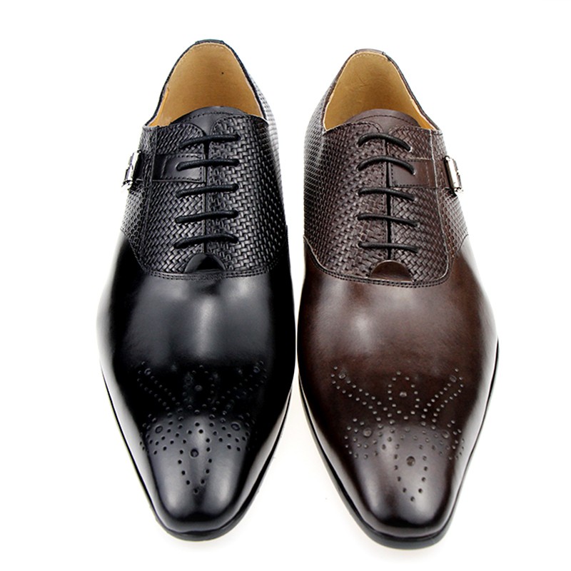 Male brogue wedding dress genuine leather lace-up handmade business casual custom shoes model fashion exquisite buckle ABS black