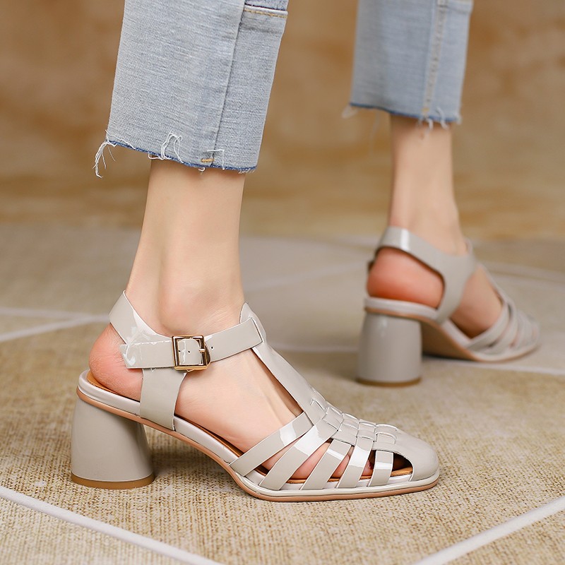 MEMUNIA 2022 new patent leather sandals woman round high heel shoes solid summer comfortable ladies rome shoes