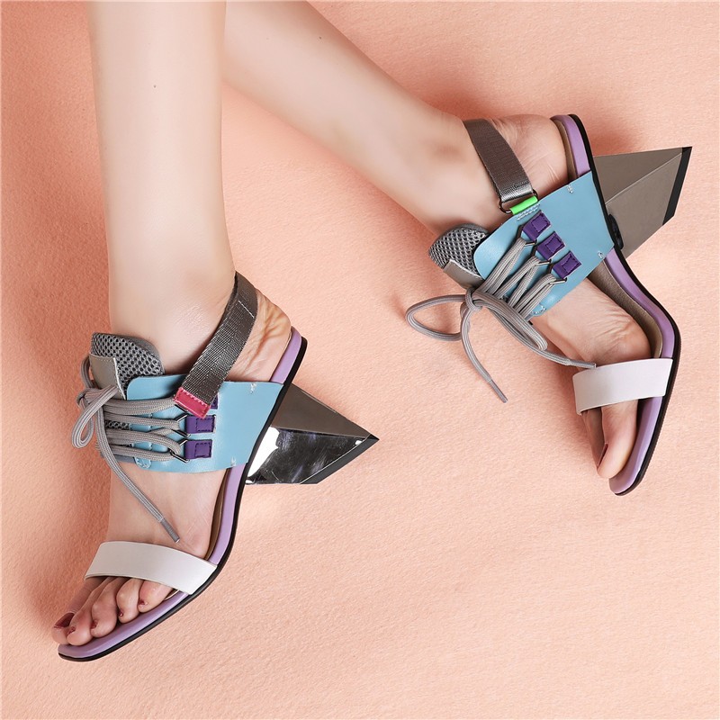 CONASCO Fashion Sexy Women Sandals Pumps Genuine Leather Exotic Heels Mixed Colors Cross-tied Woman Shoes Summer Casual Party