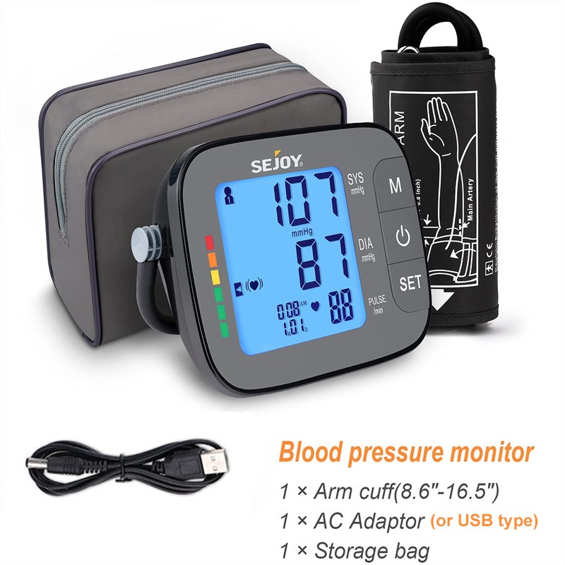 Automatic upper arm blood pressure monitor BP cuff machine with modern English and Spanish backlight display for home use