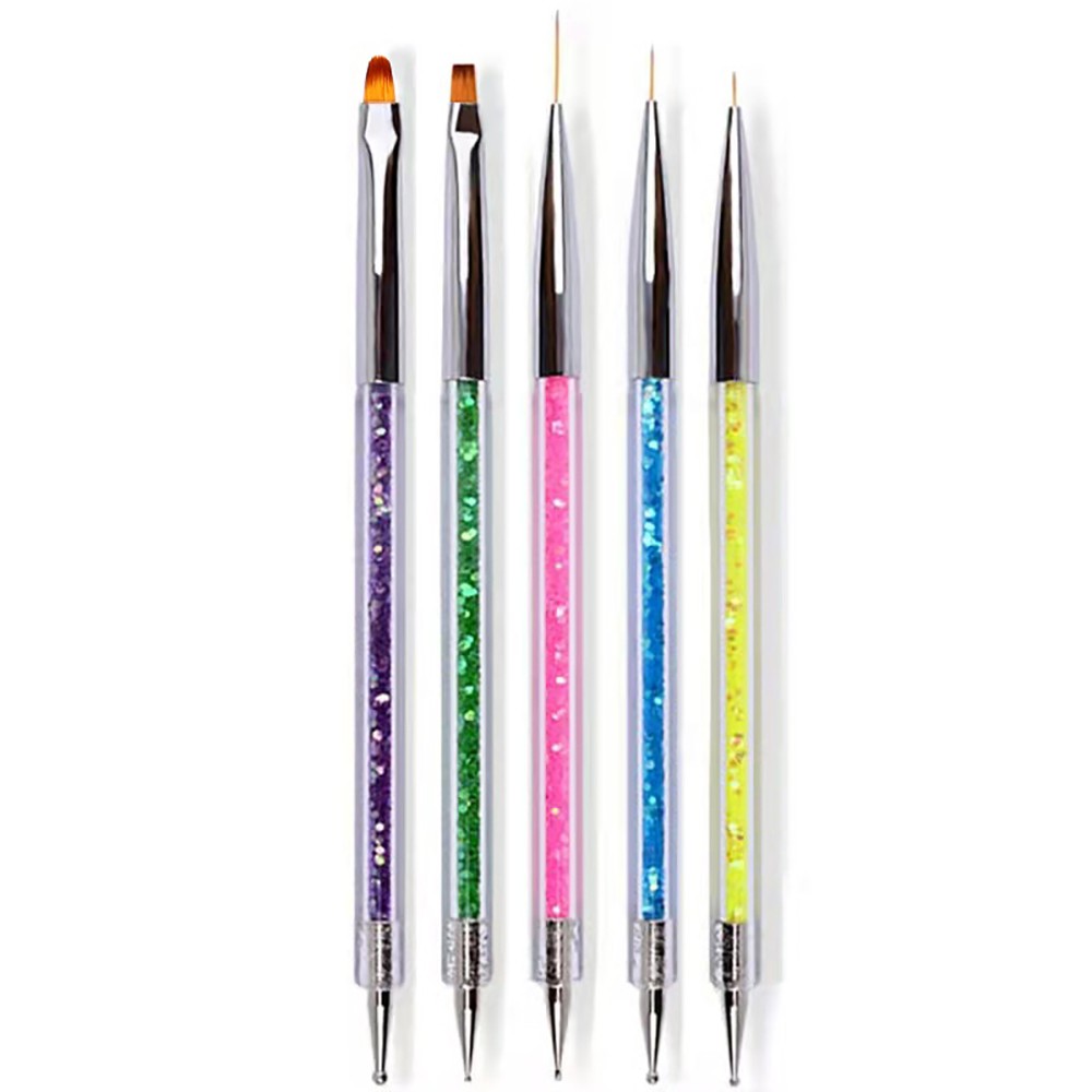 Nail Art Pen 2 in 1 Double Ends Dotting Drawing Painting Carving Dotting Pen Flat Fan Liner Acrylic Gel Brush Set