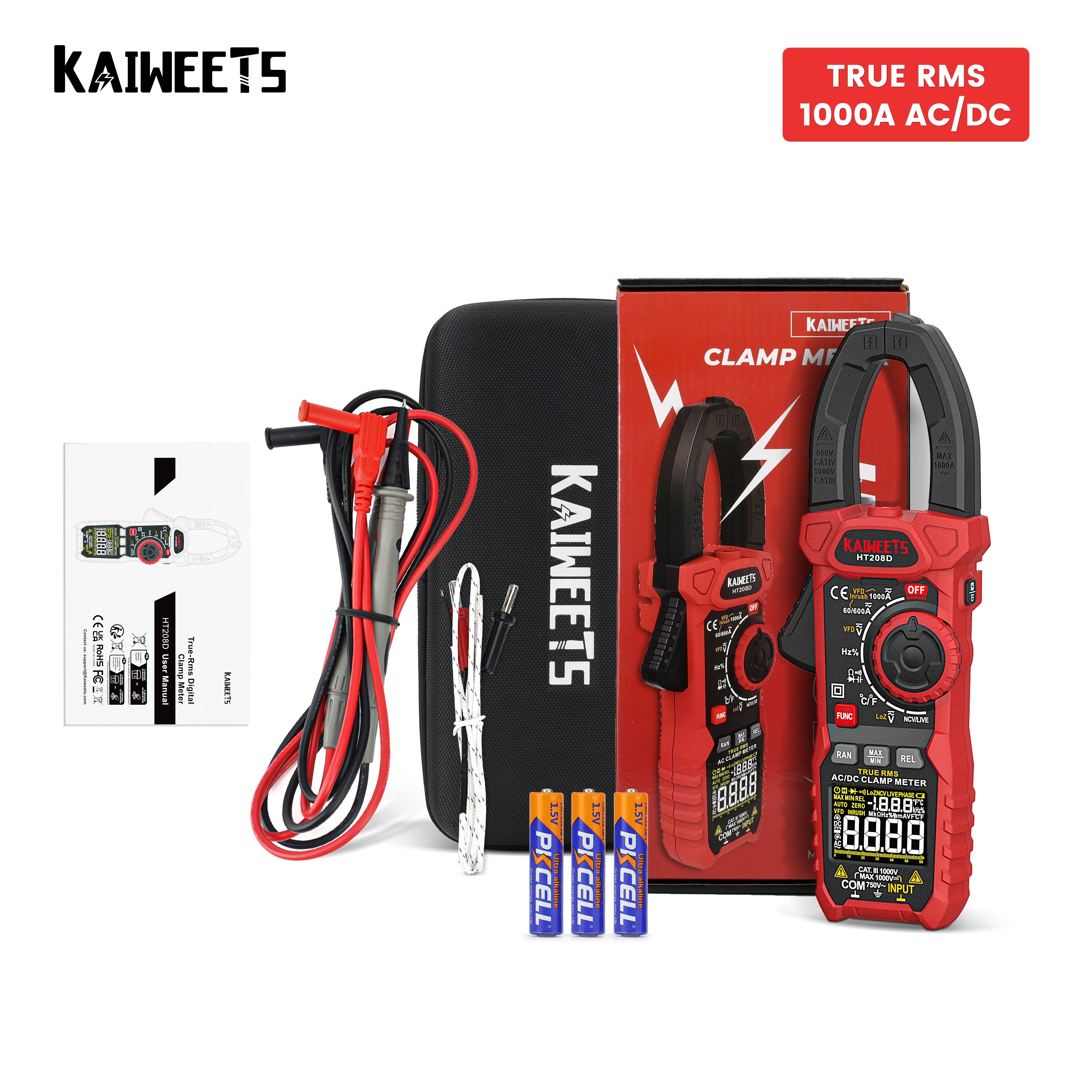 KAIWEETS HT208D AC Digital Clamp Meter Multimeter Pinza Amperimeter Correct RMS High Accuracy Capacitance Tester NCV Ohm