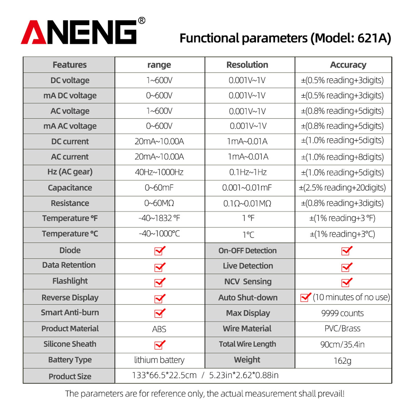 ANENG 621A شاشة تعمل باللمس ذكي رقمي متعدد 9999 التهم السيارات المدى قابلة للشحن NCV العالمي متر الفولتميتر مقياس التيار الكهربائي