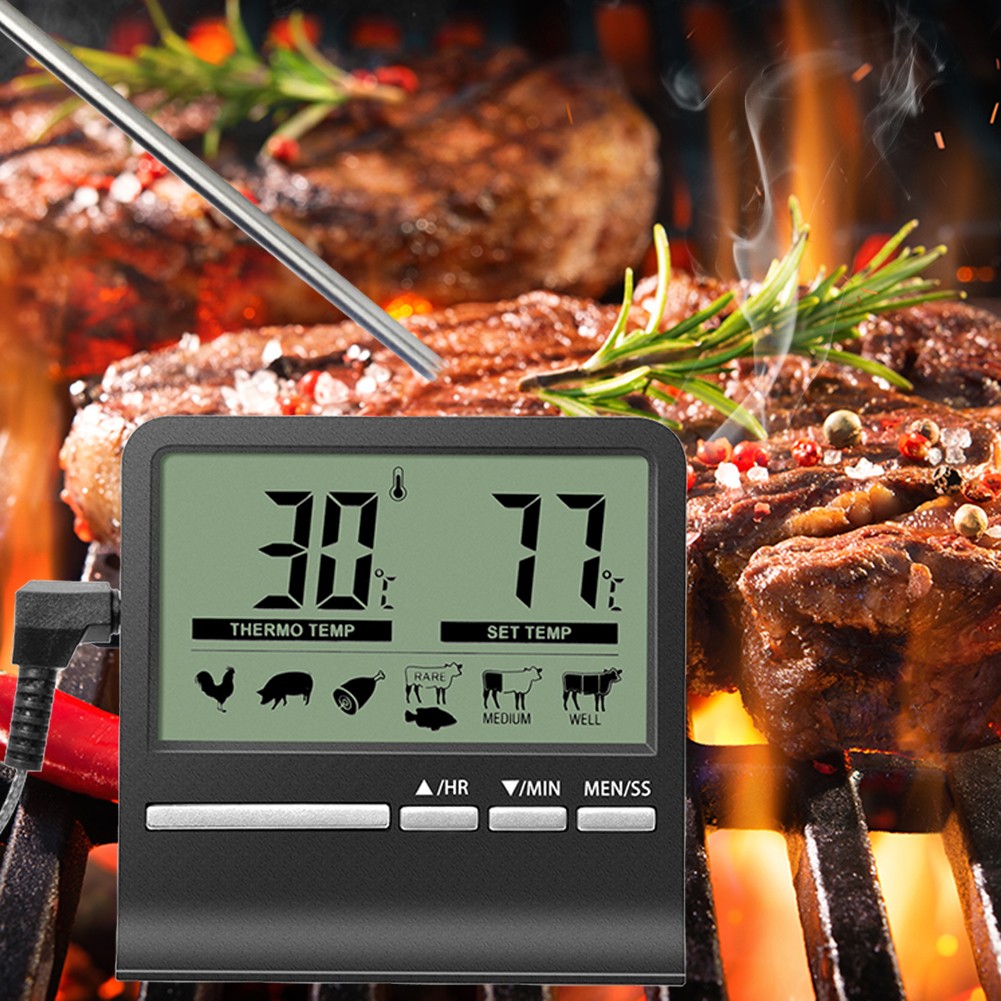 Digital Kitchen Barbecue Food Thermometer Stainless Steel Probe Outdoor BBQ Cooking Oven Meat Food Temperature Alarm Timer