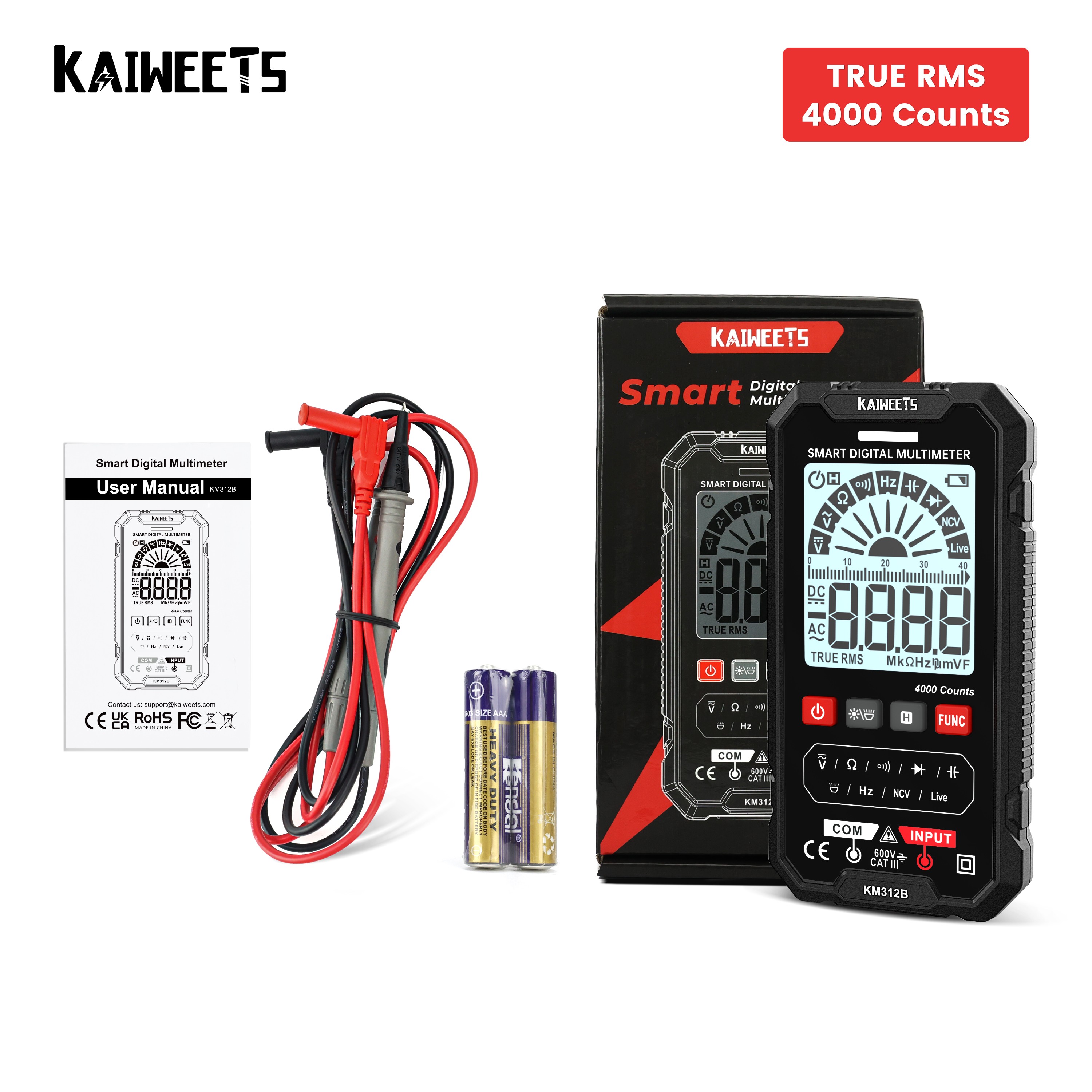 KAIWEETS KM312B Digital Multimeter 600V Capacitance Meter Ohm Hz Multimeter Tester RMS DC DC DMM