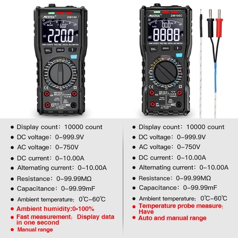 MESTEK DM100 High Speed ​​Dual Core T-rms Digital Multimeter NCV Alarm with Multimeter