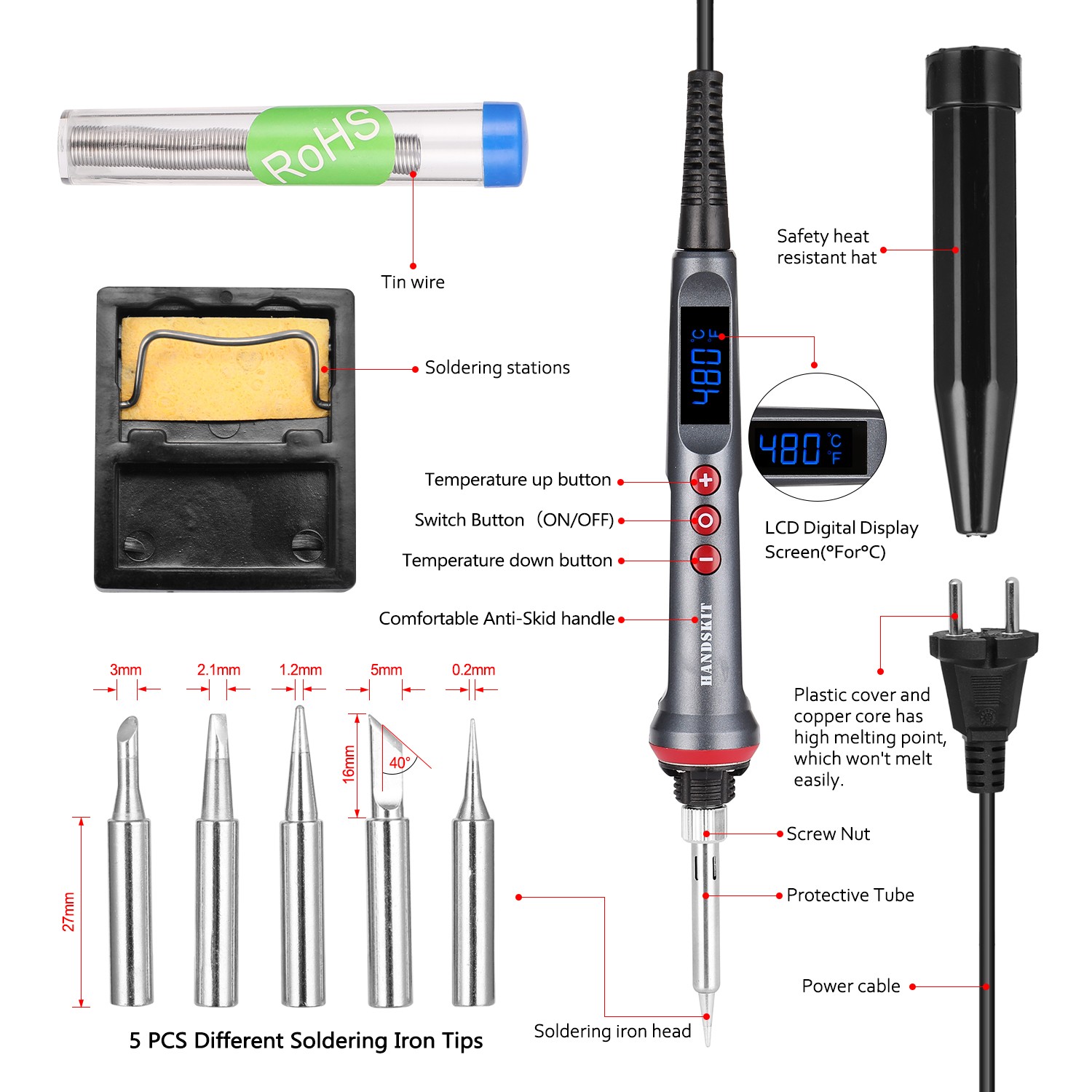 HANDSKIT 90 واط LED الرقمية سبيكة لحام كهربائي مجموعة تعديل درجة الحرارة 4 سلك الأساسية أدوات لحام مع النوم التلقائي