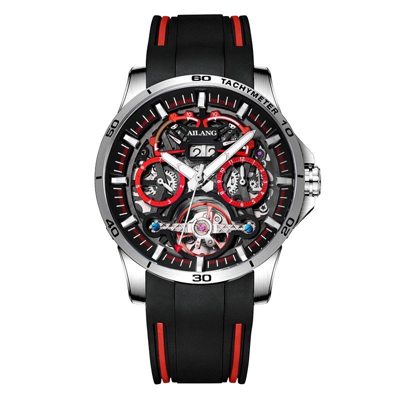 AILANG New 2022 Fashion Design Men's Watch Tourbillon Watch Waterproof Automatic Mechanical Watches Red Rubber Strap Watch for Men