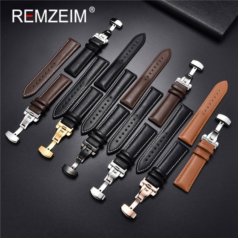 Rimzm Soft Calfskin Leather Watches 18mm 20mm 22mm 24mm Straps Automatic Butterfly Clasp Watch Accessories With Box