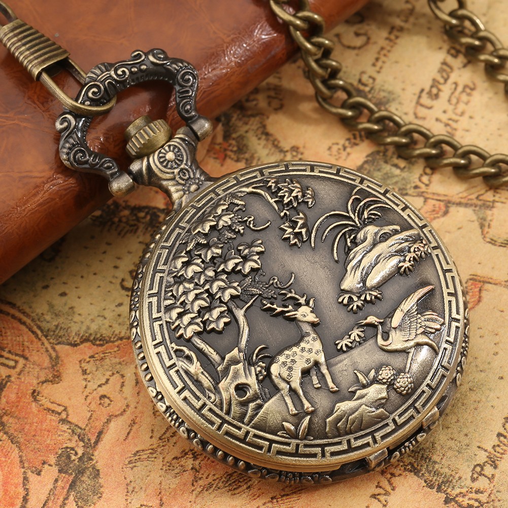 Souvenir Vintage Men's Quartz Pocket Watch Wild Animal Pattern Thick Chain Unique Personality Unisex Hollow out Watch