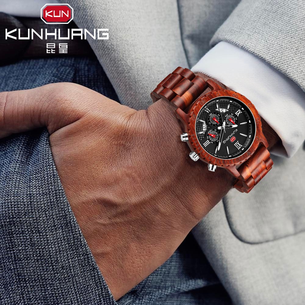 Fashion Watches Mens Top Brand Luxury Wrist Watch Quartz Watch Wooden Watch Men Red Sandalwood Chronograph Relogio Masculino