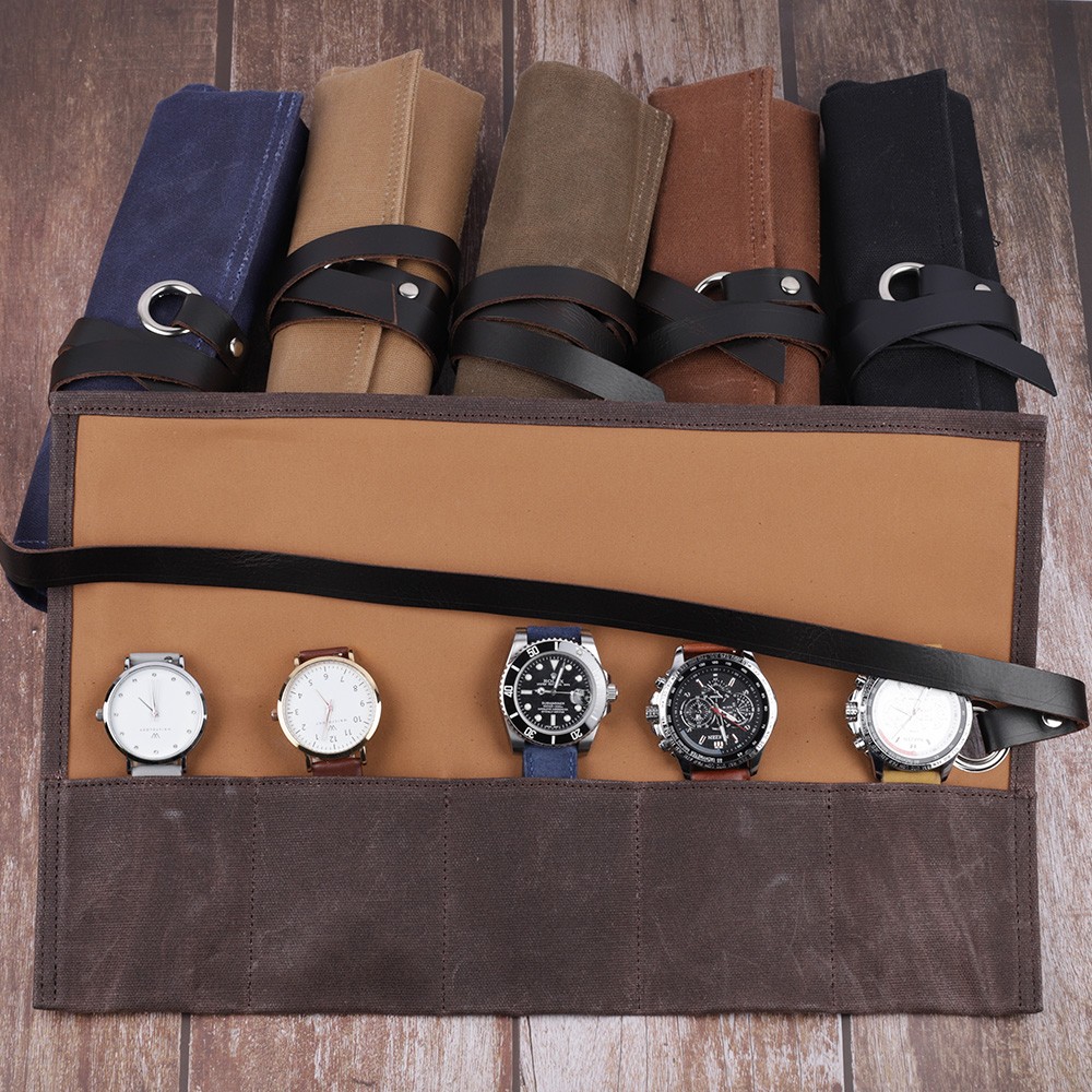 Watch Roll Storage Case Travel Wet Wax Canvas Watch Jewelry Protective Holder Box With Closure Watch Strap Pouch 5 Slots