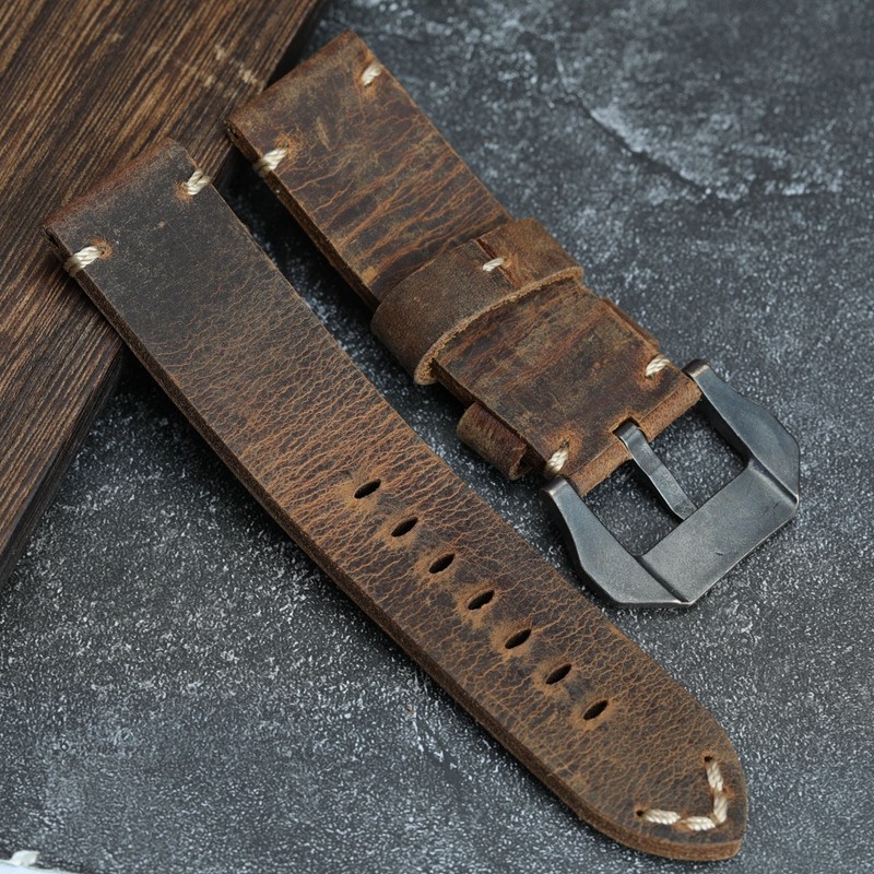 Handmade Crazy Horse Leather Watchband 20 22 24 26mm Brown Calfskin Leather Strap with Bronze Buckle for PAM111 441
