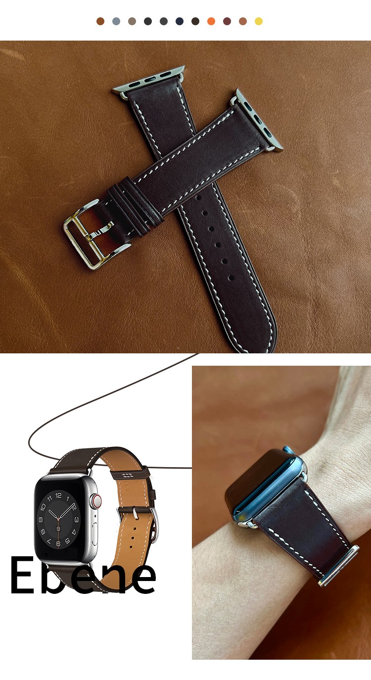 High Quality Genuine Leather Ebene Barenia Single Round Deployment Buckle Strap for iwatch Apple Watch7 6 Se 5 4 3 2 1