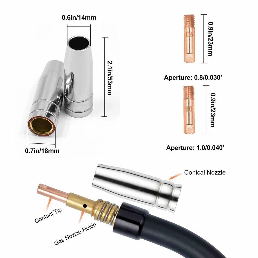 14pcs 15AK Welding Torch Consumables 0.6mm 0.8mm 0.9mm 1.0mm 1.2mm MIG Torch Gas Valve Tip Holder of 15AK MIG MAG Welding Torch