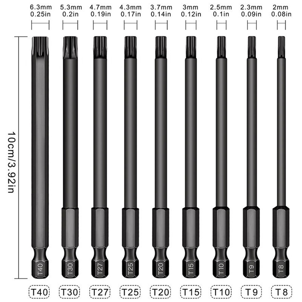 9PCS 100mm Steel Torx Hollow Screwdriver Bits Tool Set 1/4 Hex Torx Socket Set Handle Tools Electric Screw Driver Set