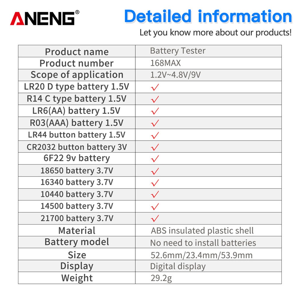 ANENG Digital Lithium Battery Capacity Diagnostic Tool Checker LCD Display Check AAA AA Button Battery Universal Tester Tool