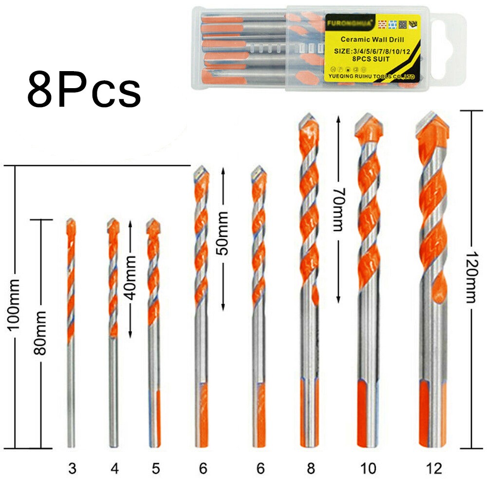 10pcs Brill Bits Multi-material Triangle Drill Bit Set Diamond for Tile Concrete Brick Glass Plastic Wood Stone 3-12mm