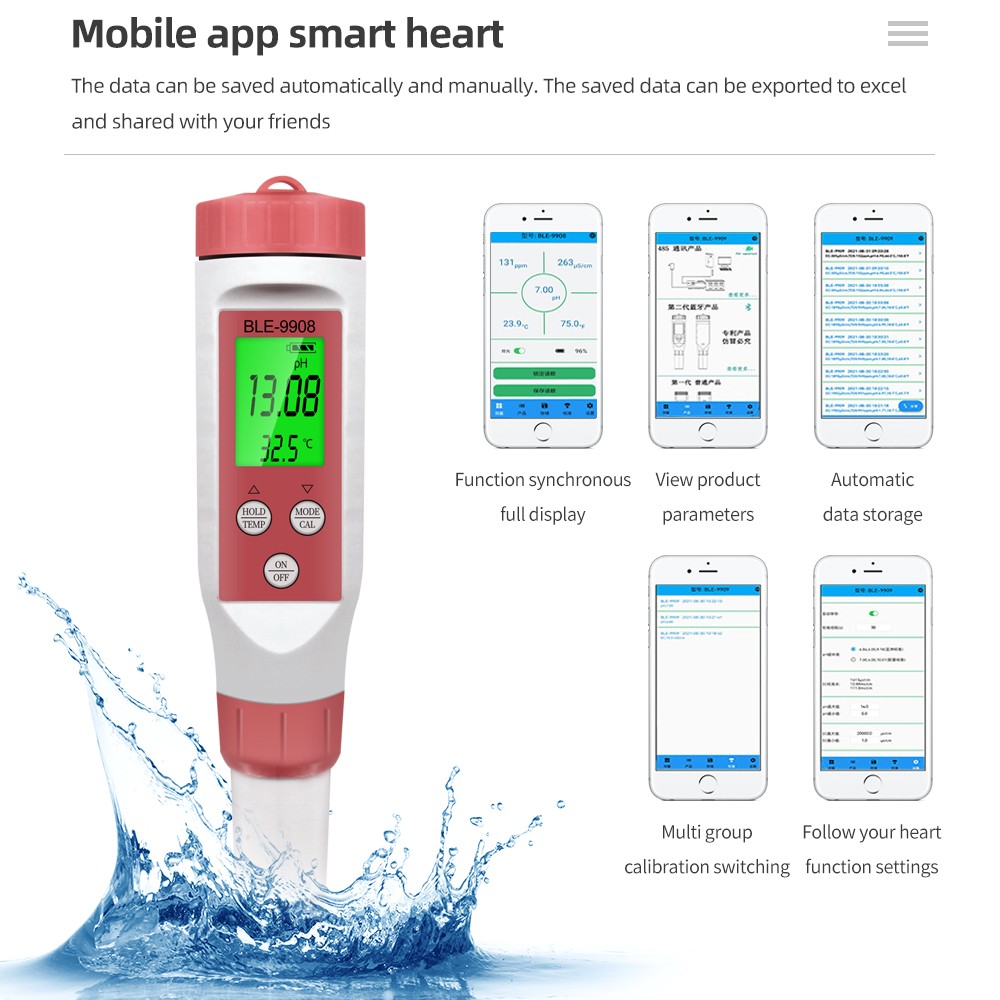 Bluetooth Compatible Meter 4 in1 PH/TDS/EC/Temperature Water Quality Pen APP Smart Control Water Quality Detector for Aquarium