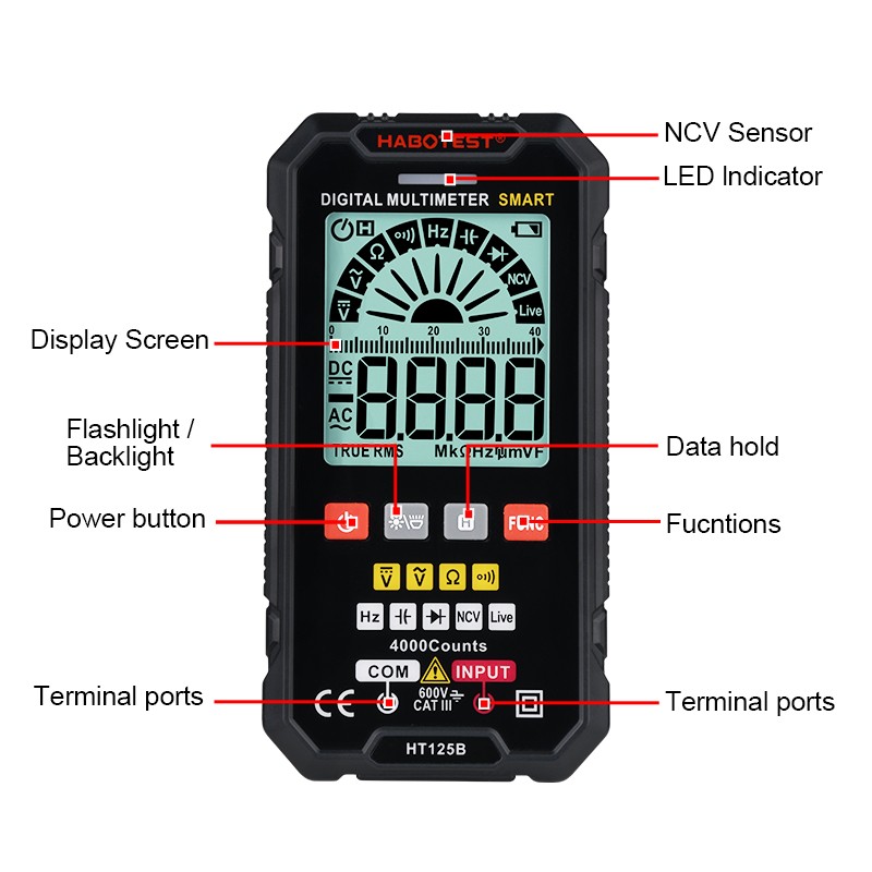 HT125B الذكية المتعدد الرقمية المهنية مكثف اختبار السيارات المدى 600 فولت التيار المتناوب تيار مستمر الجهد أوم هرتز ديود لايف Continuity متر