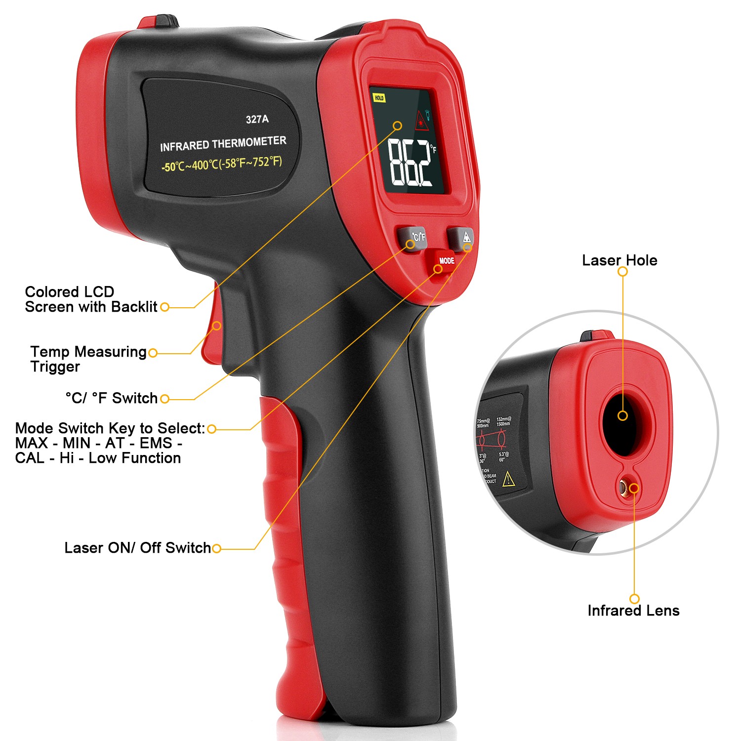 DZYTEK Non-Contact Digital Infrared Laser Thermometer Gun High Low Temperature Alarm -58℃~752℃ Thermometer