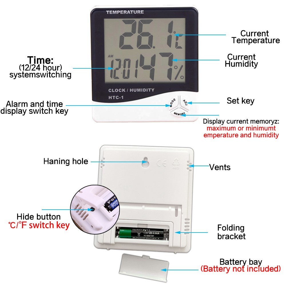 ABS ميزان الحرارة داخلي الرقمية LCD الرطوبة درجة الحرارة مقياس الرطوبة إنذار Cloc الحياة الذكية التحكم عن بعد مقياس الرطوبة