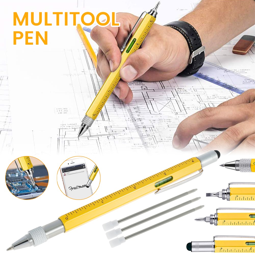 6 in1 Multifunction Ballpoint Pen with Tool Handheld Modern Measure Ruler Technical Screwdriver Touch Screen Stylus Alcohol Level