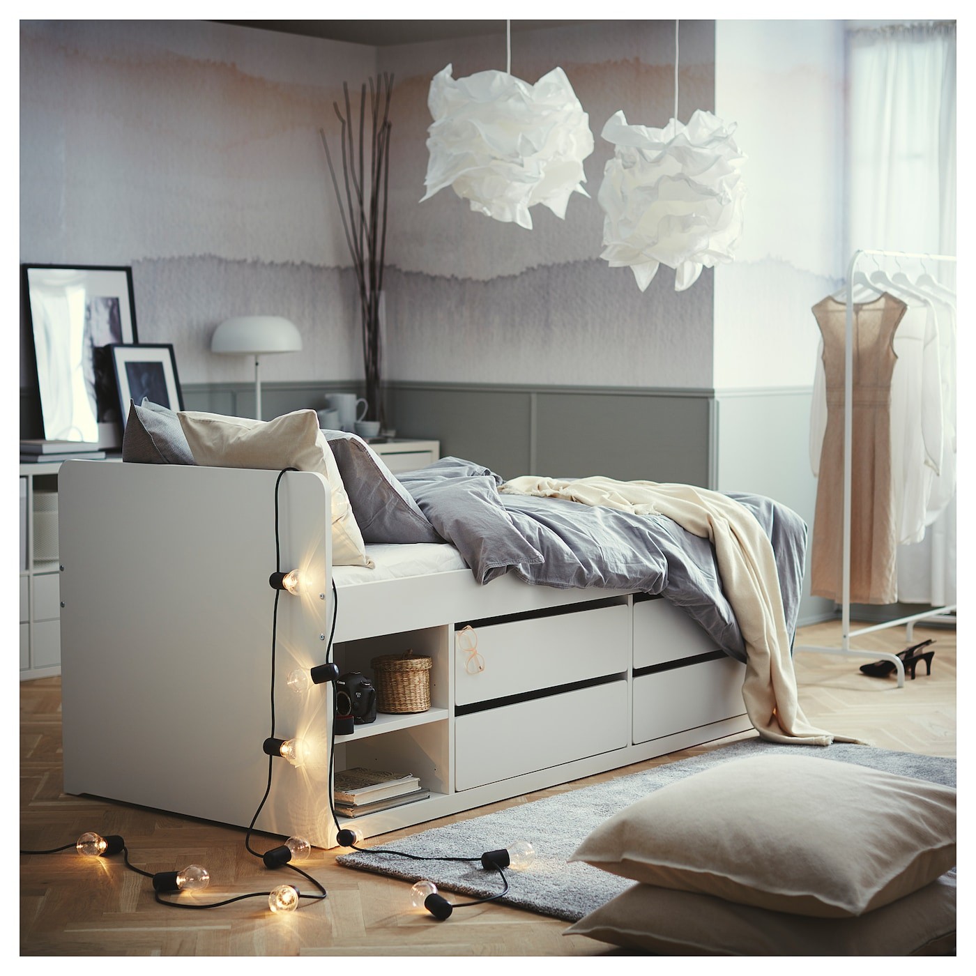 SLÄKT Bed frame w storage+slatted bedbase