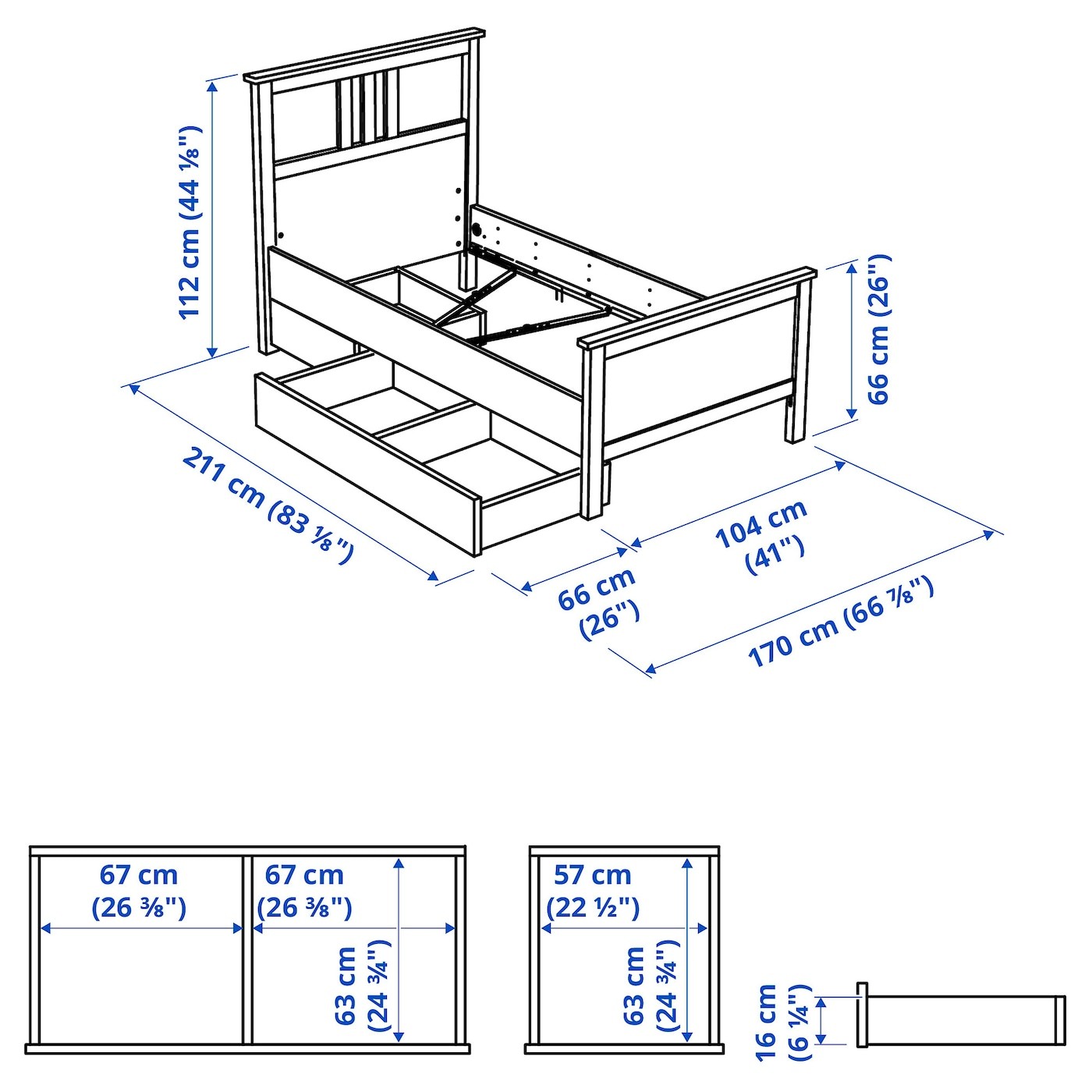 HEMNES هيكل سرير+2 صناديق تخزين