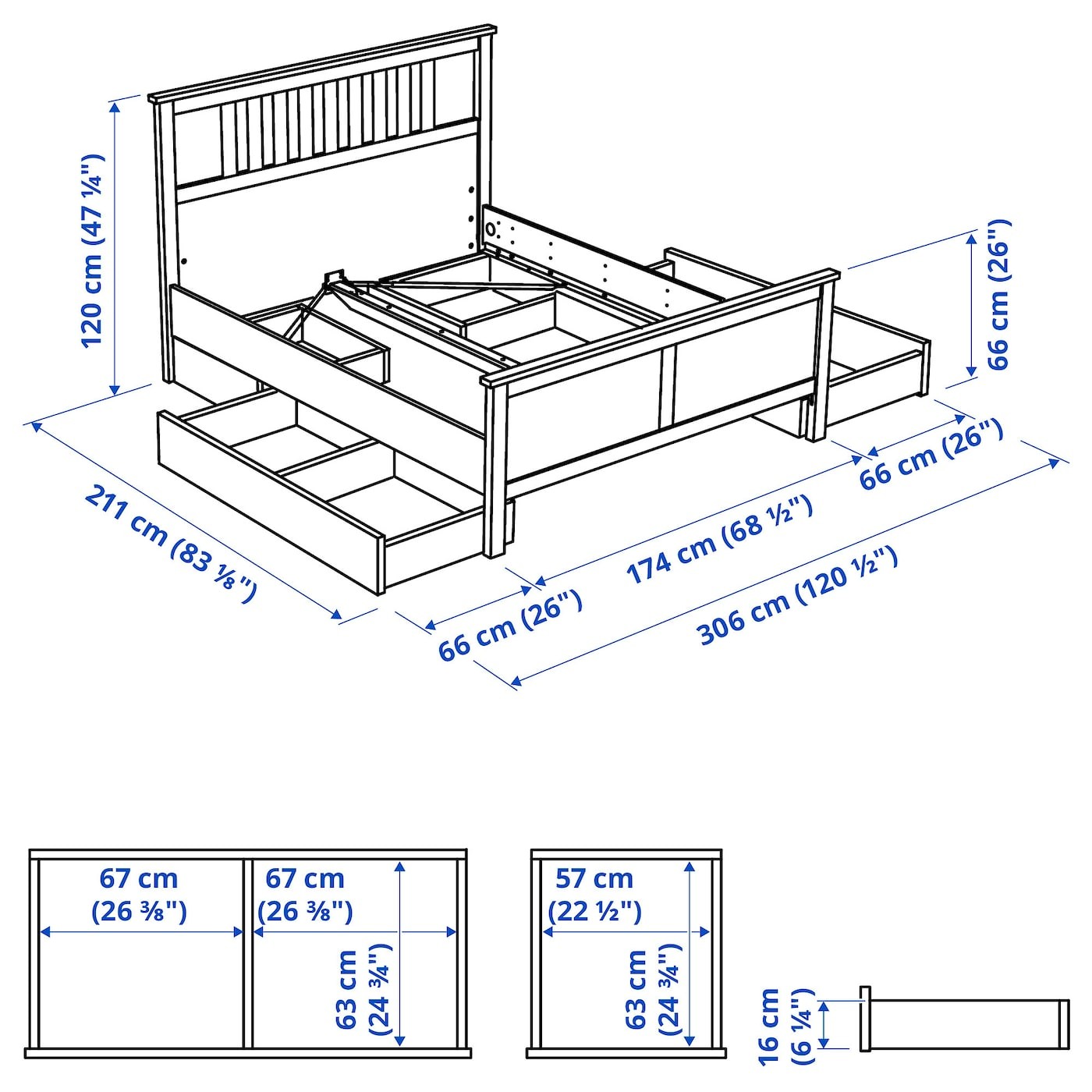 HEMNES هيكل سرير+4 صناديق تخزين