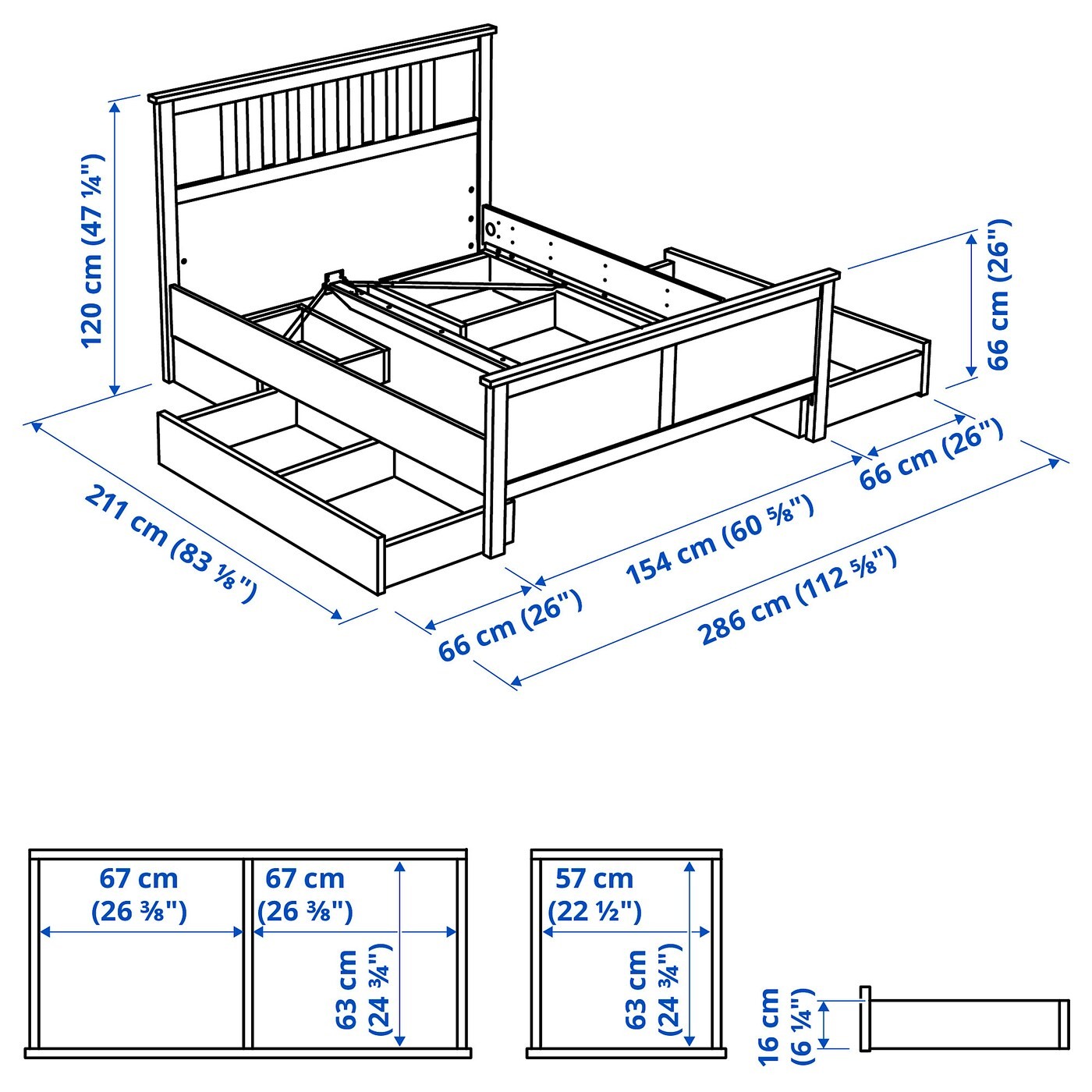 HEMNES هيكل سرير+4 صناديق تخزين