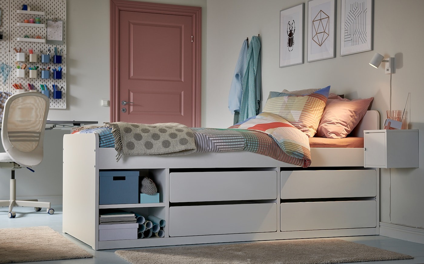 SLÄKT Bed frame w storage+slatted bedbase