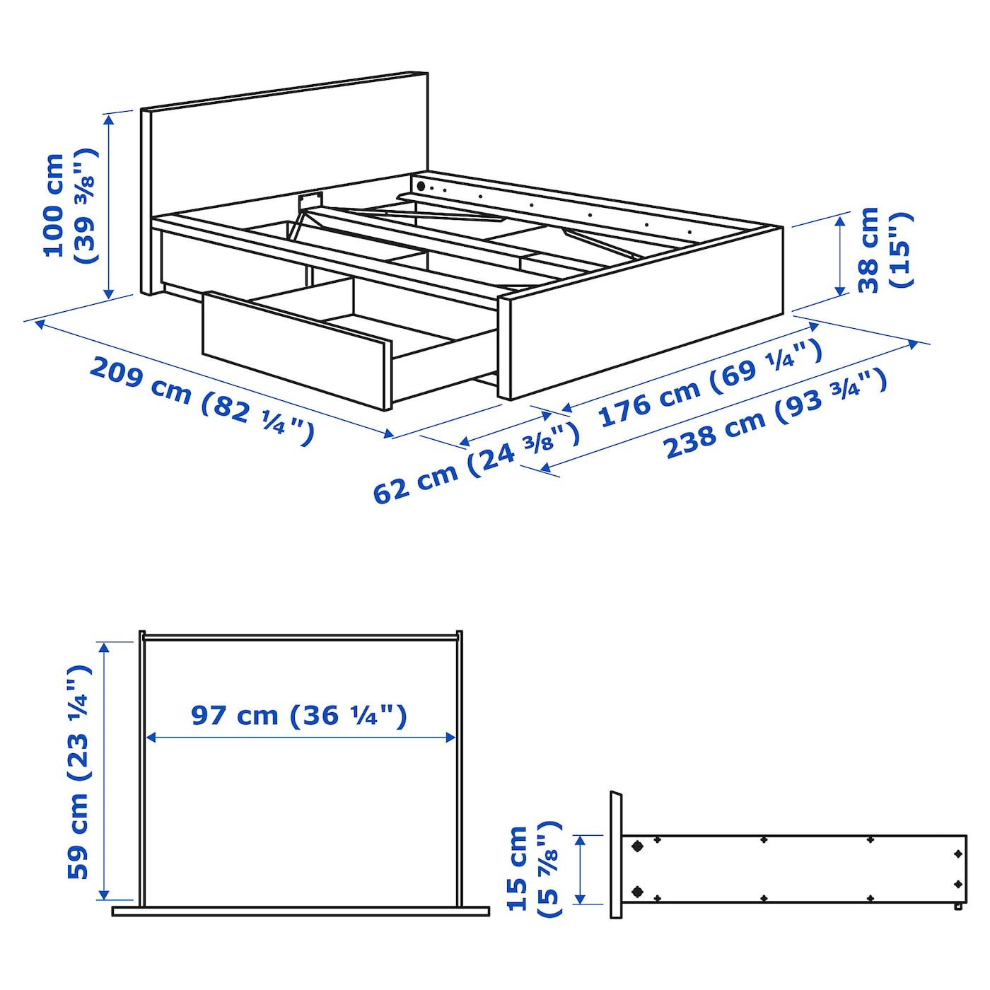 MALM Bed frame, high, w 2 storage boxes