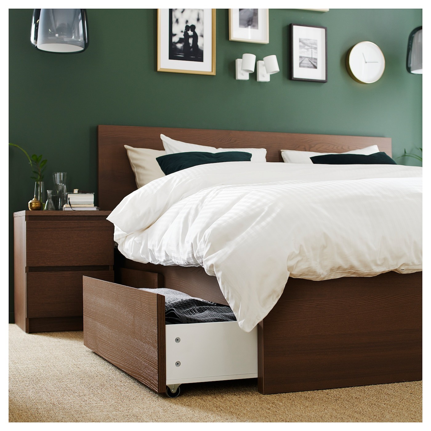 MALM Bed frame, high, w 2 storage boxes