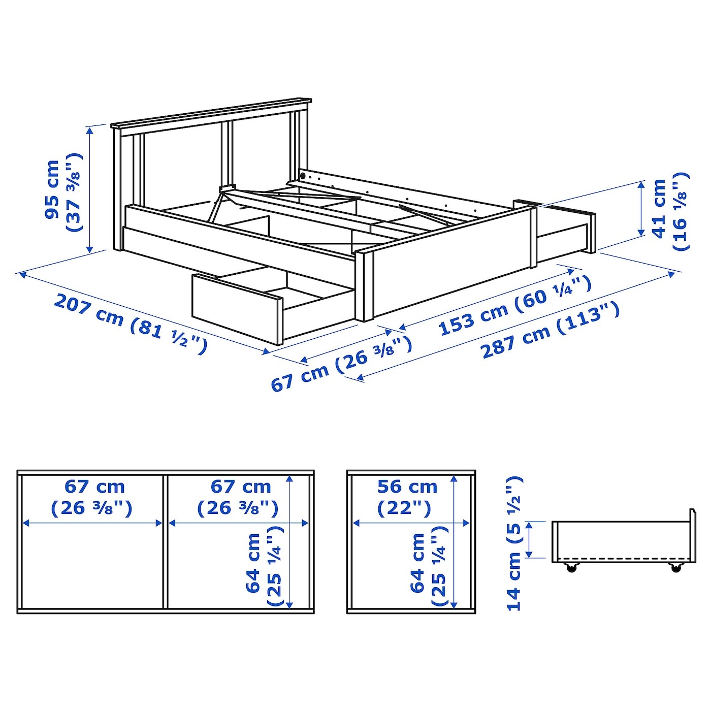 SONGESAND Bed frame with 4 storage boxes