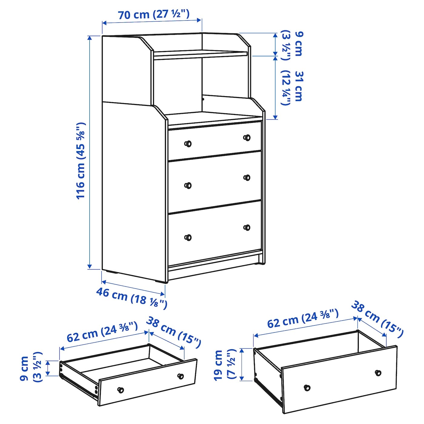 HAUGA Chest of 3 drawers with shelf