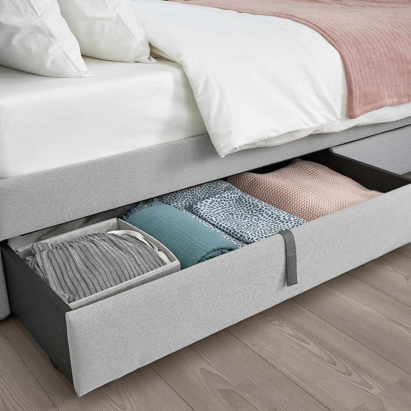 GLADSTAD Upholstered bed, 4 storage boxes