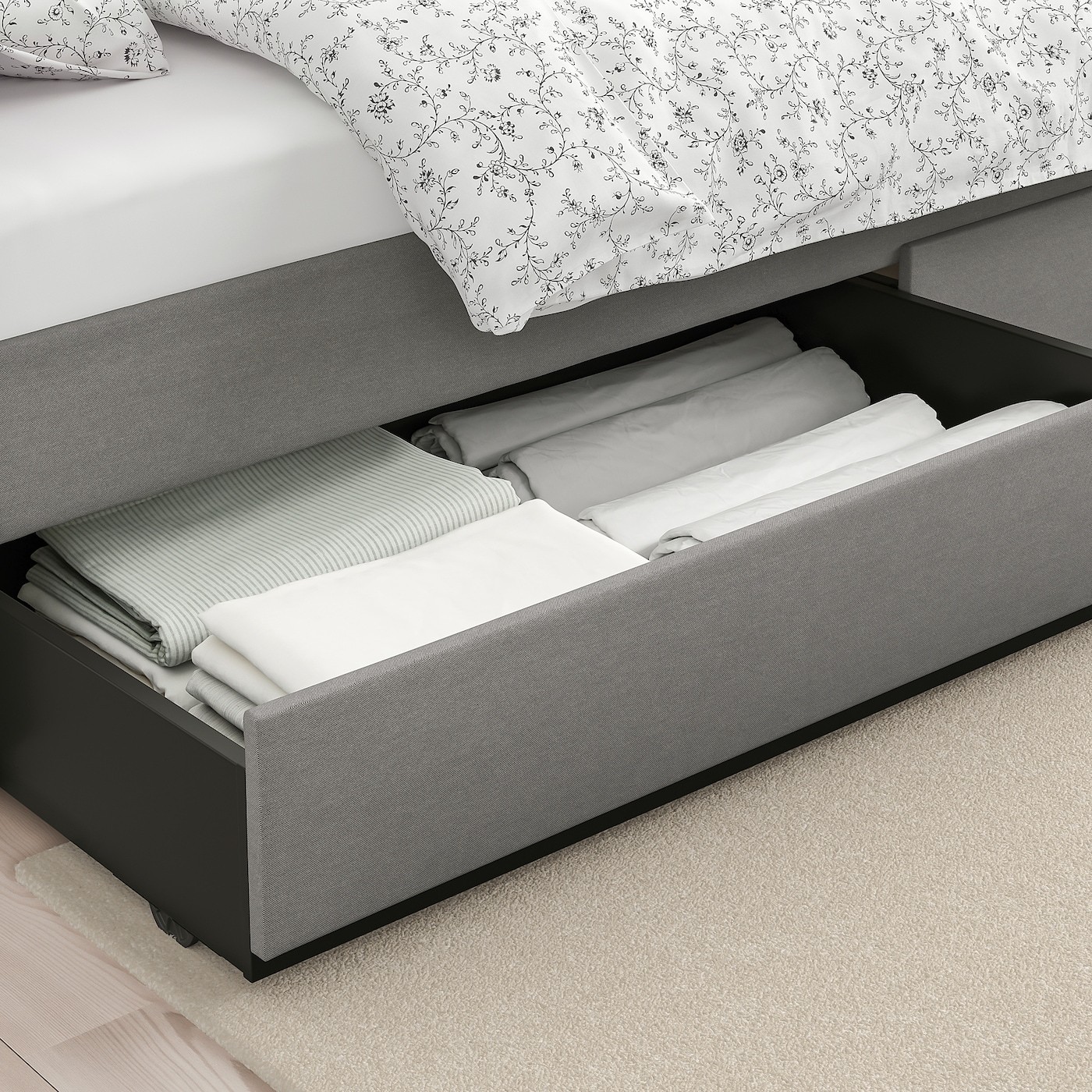 HAUGA Upholstered bed, 2 storage boxes