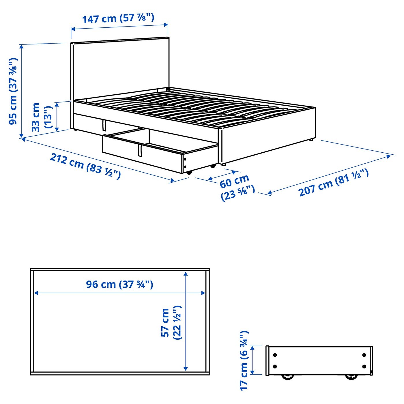 GLADSTAD Upholstered bed, 2 storage boxes