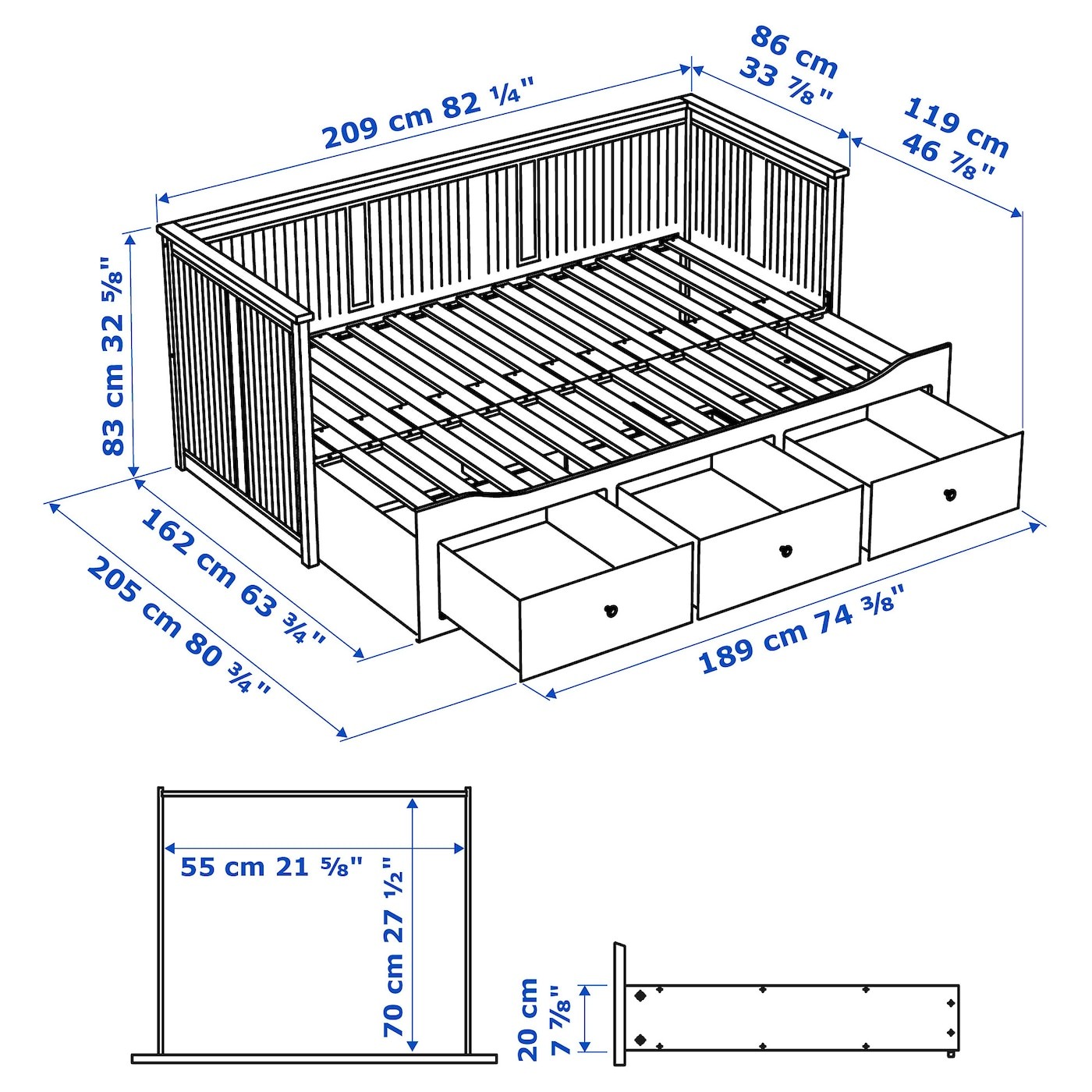 HEMNES هيكل سرير نهاري مع 3 أدراج