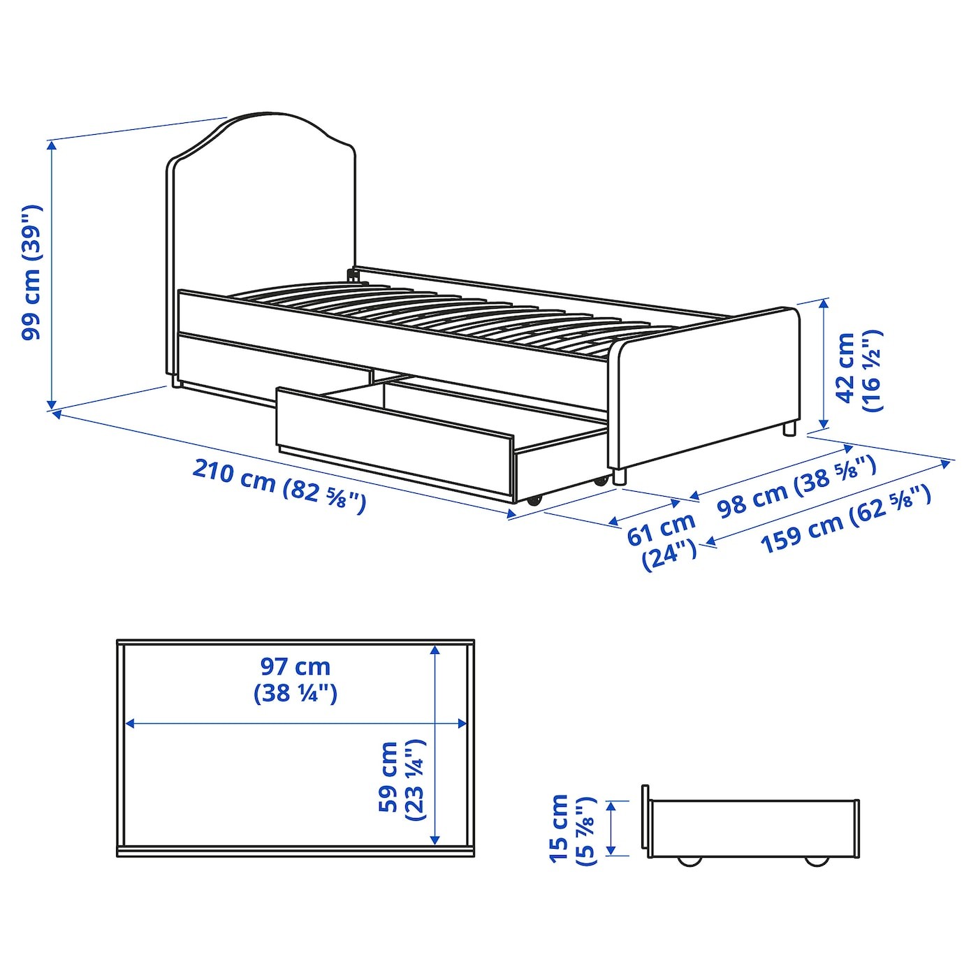 HAUGA Upholstered bed, 2 storage boxes