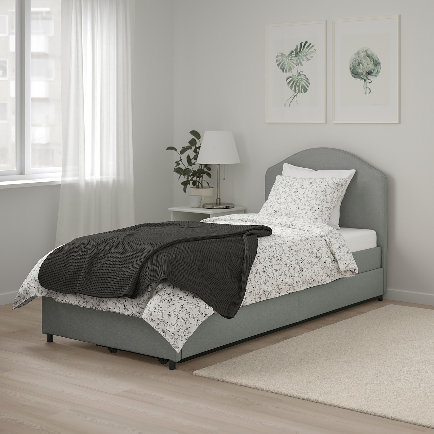 HAUGA Upholstered bed, 2 storage boxes