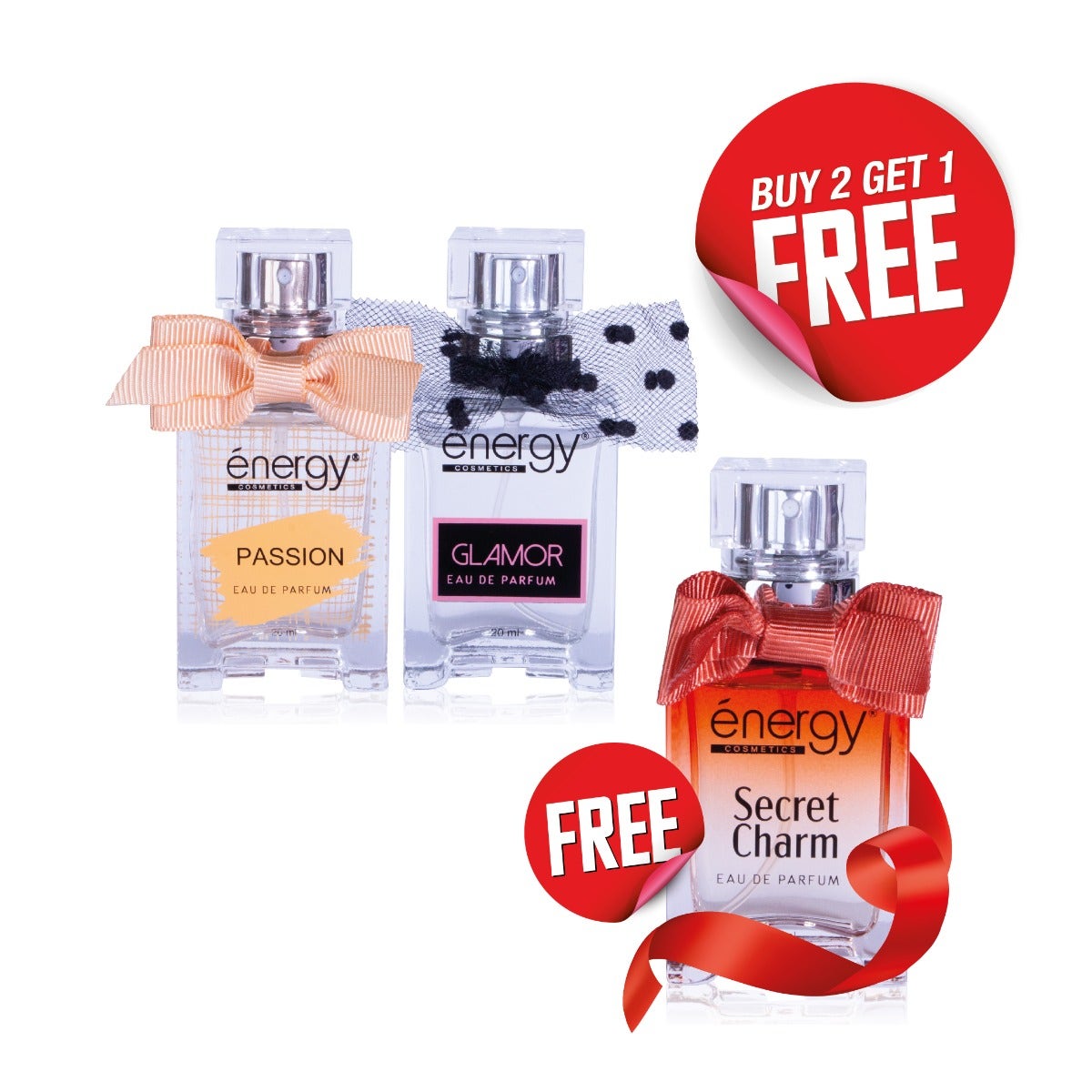 Energy Cosmetics Eau de Parfum | اشترِ 2 Glamour + Passion واحصل على 1 مجانًا Secret Charm 20ml