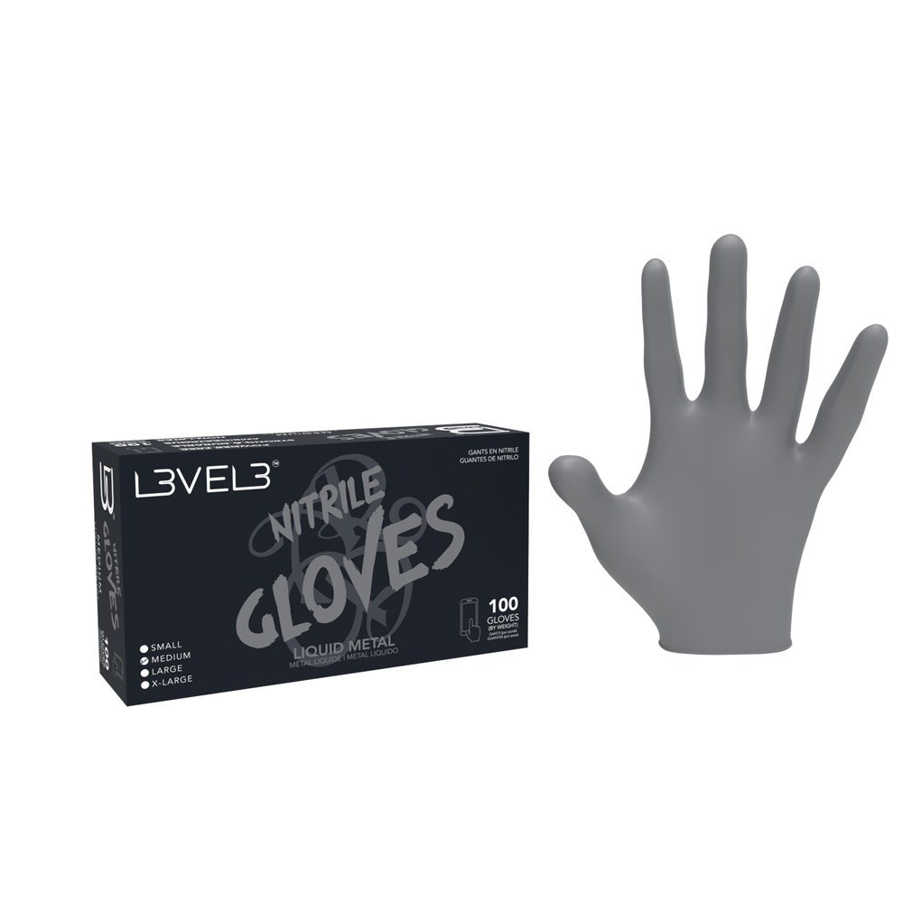 L3vel3 Gloves Nitrile Liquid| Silver | Large 1x100