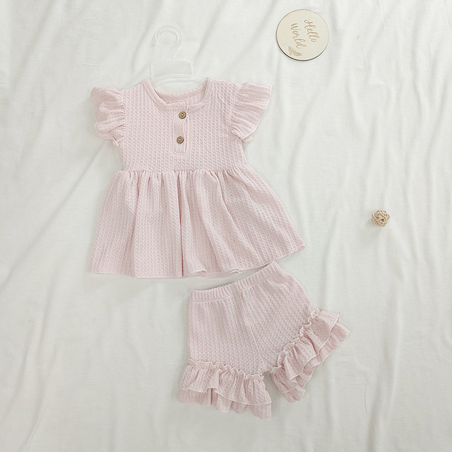 Fashion Baby Dress Clothes Set Newborn Cotton Waffle Princess Girls Top Flying Sleeves Buttons Ruffles A-Line Dress Shorts Set