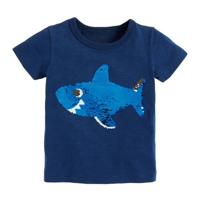 Little maven summer kids t-shirt short sleeve clothes discoloration sequin shark knitting beach casual cotton clothes 2-7years