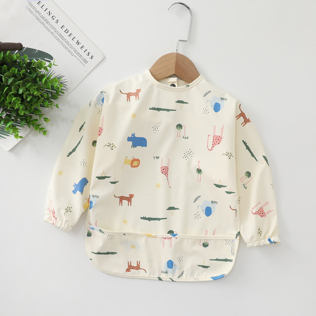 Easy to Wear Long Sleeve Baby Bib Baby Soft PU Bibs Painting Waterproof Meals Protection Washable Easy Clean Smock for Babies